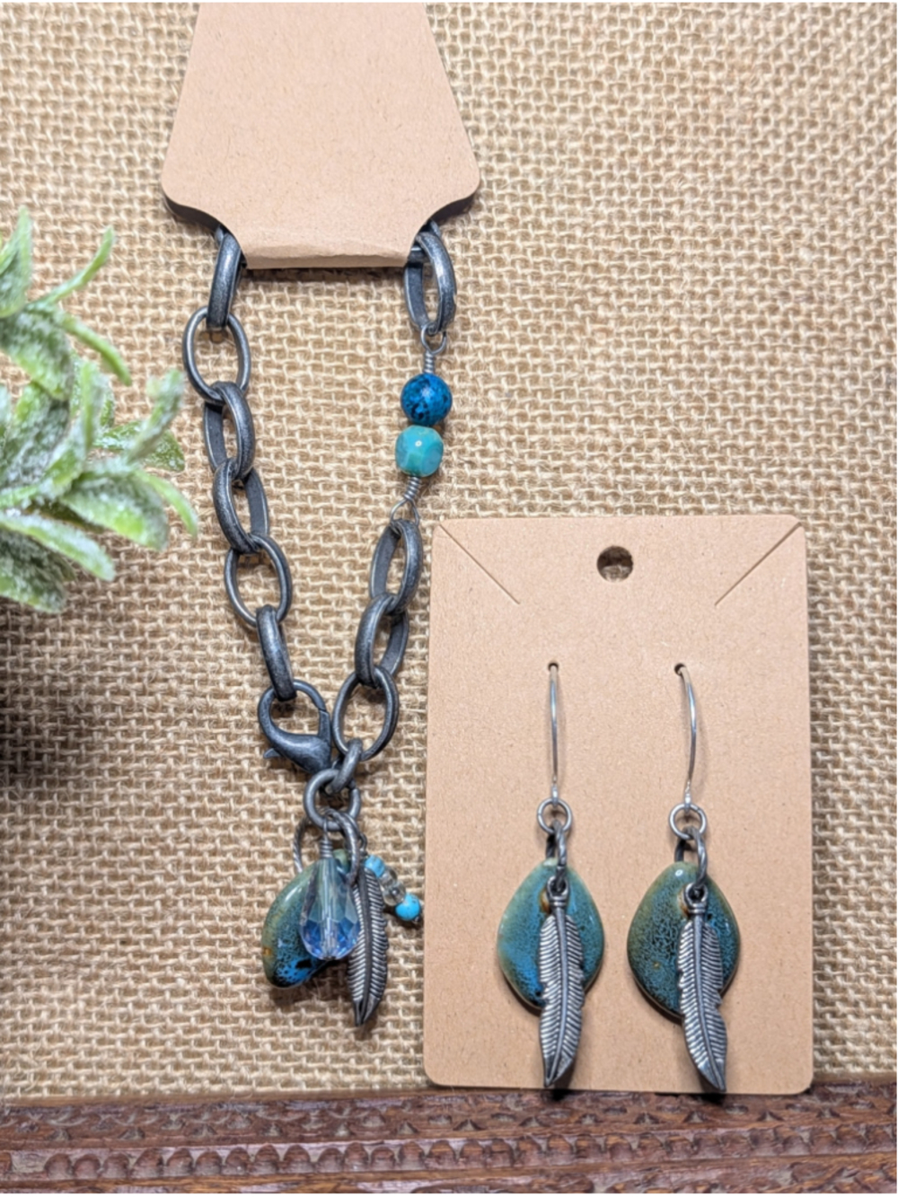 Handcrafted Boho Turquoise Feather Chunky Charm Bracelet Drop Dangle Earring Set